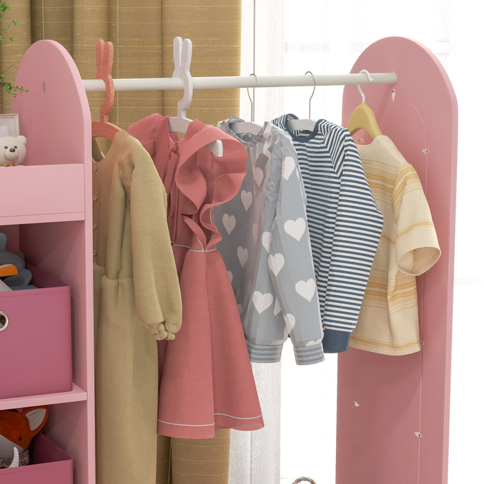 Kids Cloth Rail with Storage Shelf, Boxes, Mirror for Bedroom, Pink