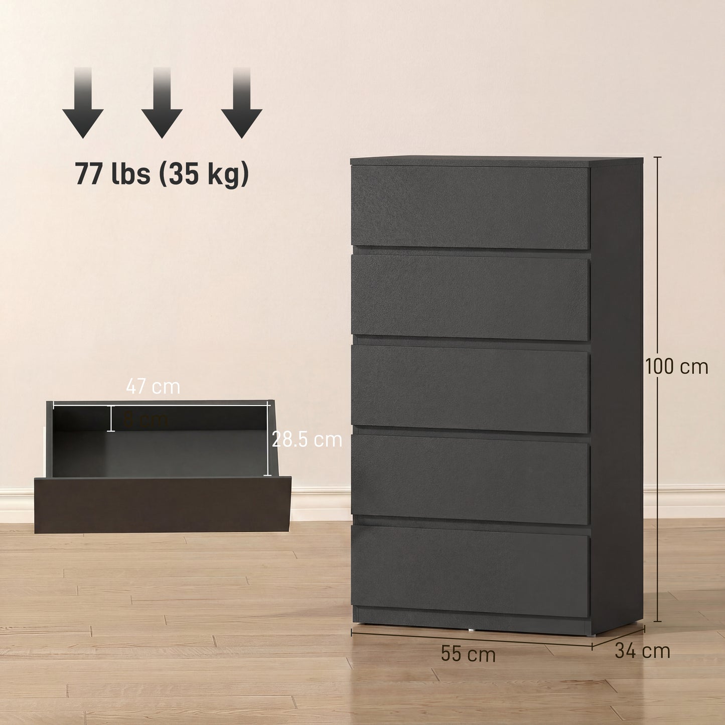 Bedroom Chest of Drawers, 5 Drawers Dresser, Drawer Unit, Black