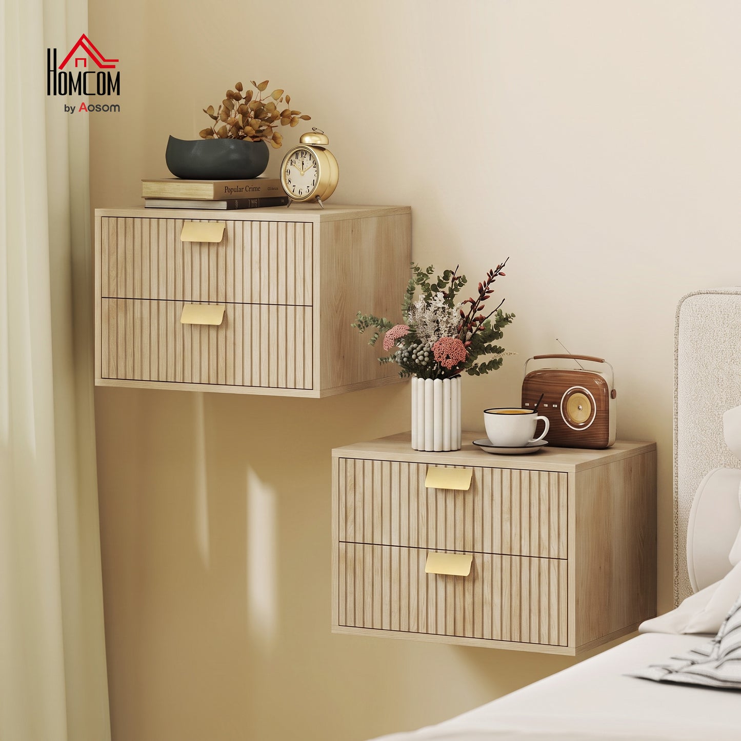2pcs Modern Floating Nightstands,  2 Drawers Bedside Tables, Oak