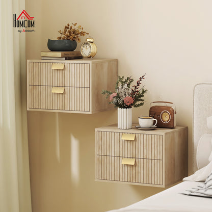 2pcs Modern Floating Nightstands,  2 Drawers Bedside Tables, Oak