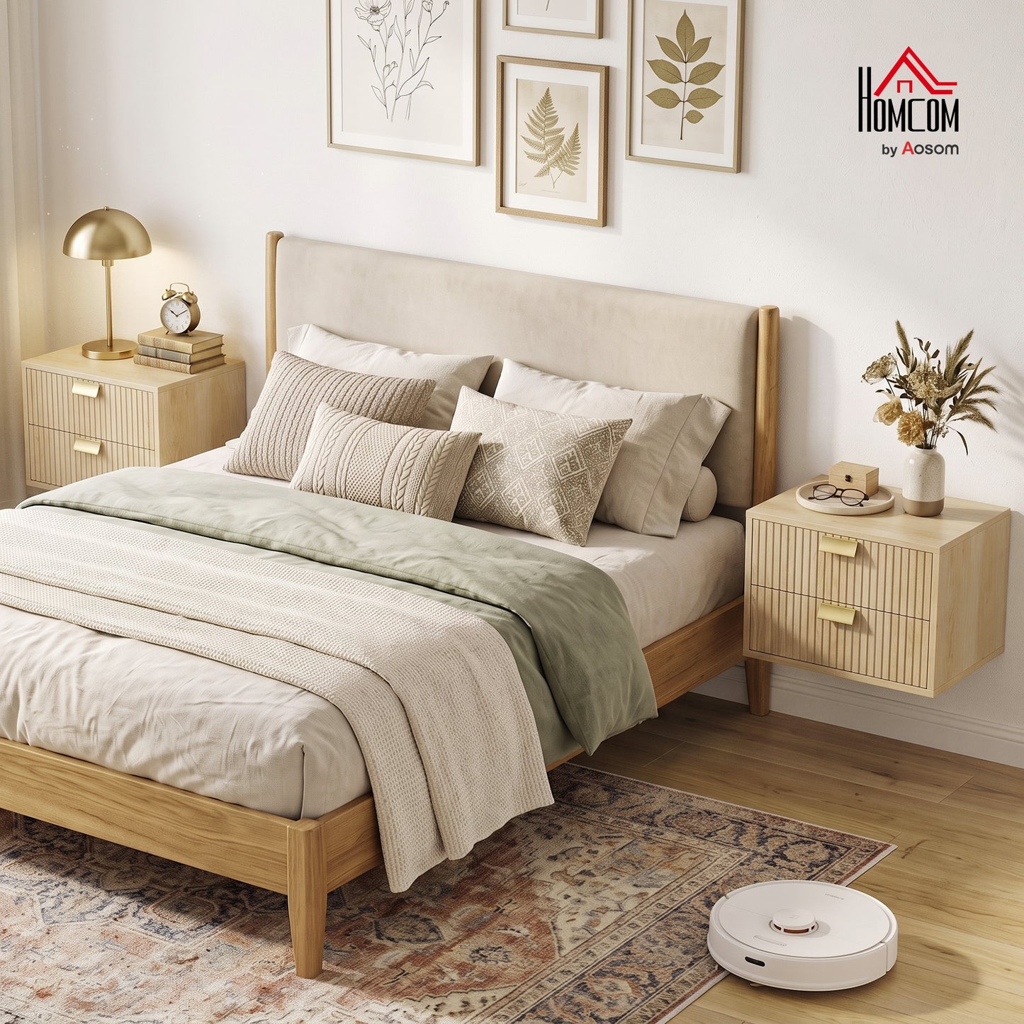 2pcs Modern Floating Nightstands,  2 Drawers Bedside Tables, Oak