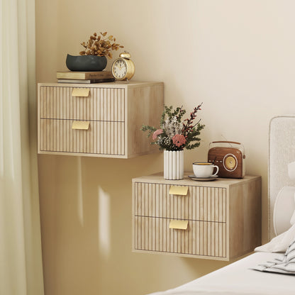 2pcs Modern Floating Nightstands,  2 Drawers Bedside Tables, Oak