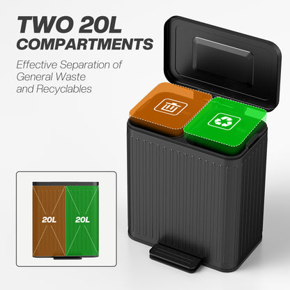 2 x 20L Double Rubbish Bin, Pedal Bin with Soft-Close Lid, Black