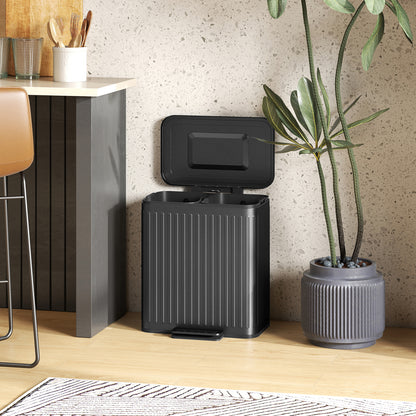 2 x 20L Double Rubbish Bin, Pedal Bin with Soft-Close Lid, Black