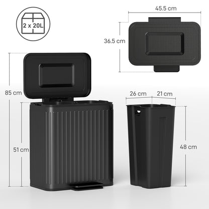 2 x 20L Double Rubbish Bin, Pedal Bin with Soft-Close Lid, Black