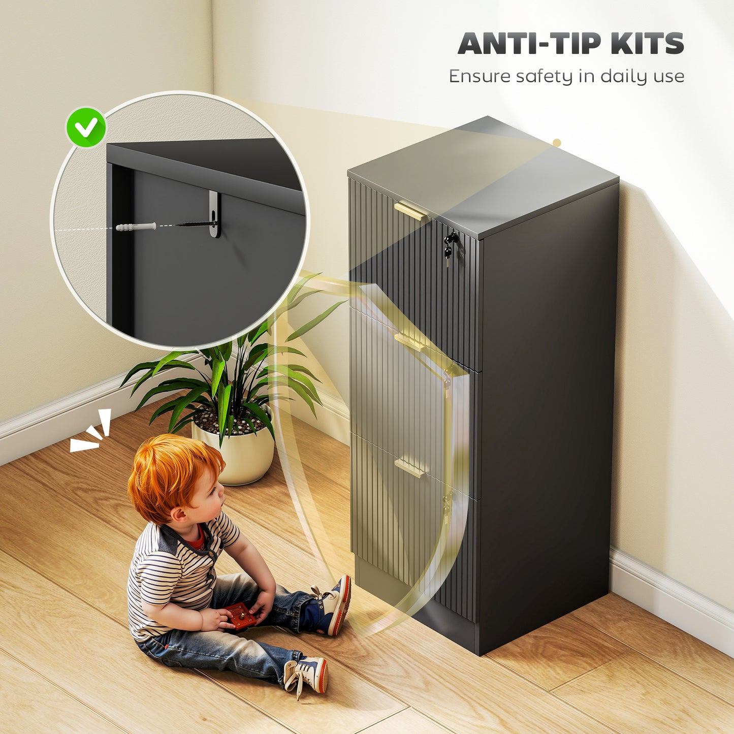 Filing Cabinet, File Cabinet with 3 Lockable Drawers and Hanging Rails