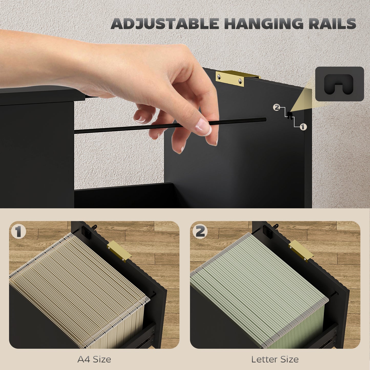 Filing Cabinet, File Cabinet with 3 Lockable Drawers and Hanging Rails