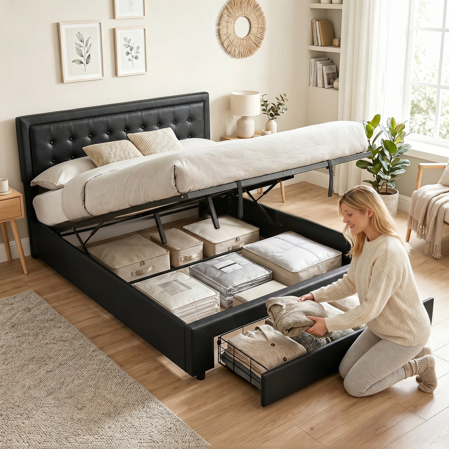 Upholstered Ottoman Bed with Storage Drawer and Adjustable Headboard, 5ft King Size Bed Frame with Gas Lift End Opening, Wooden Slats, No Mattress, Black