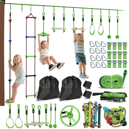 Obstacle Course for Kids with 10PCs Slackline Kit, Green