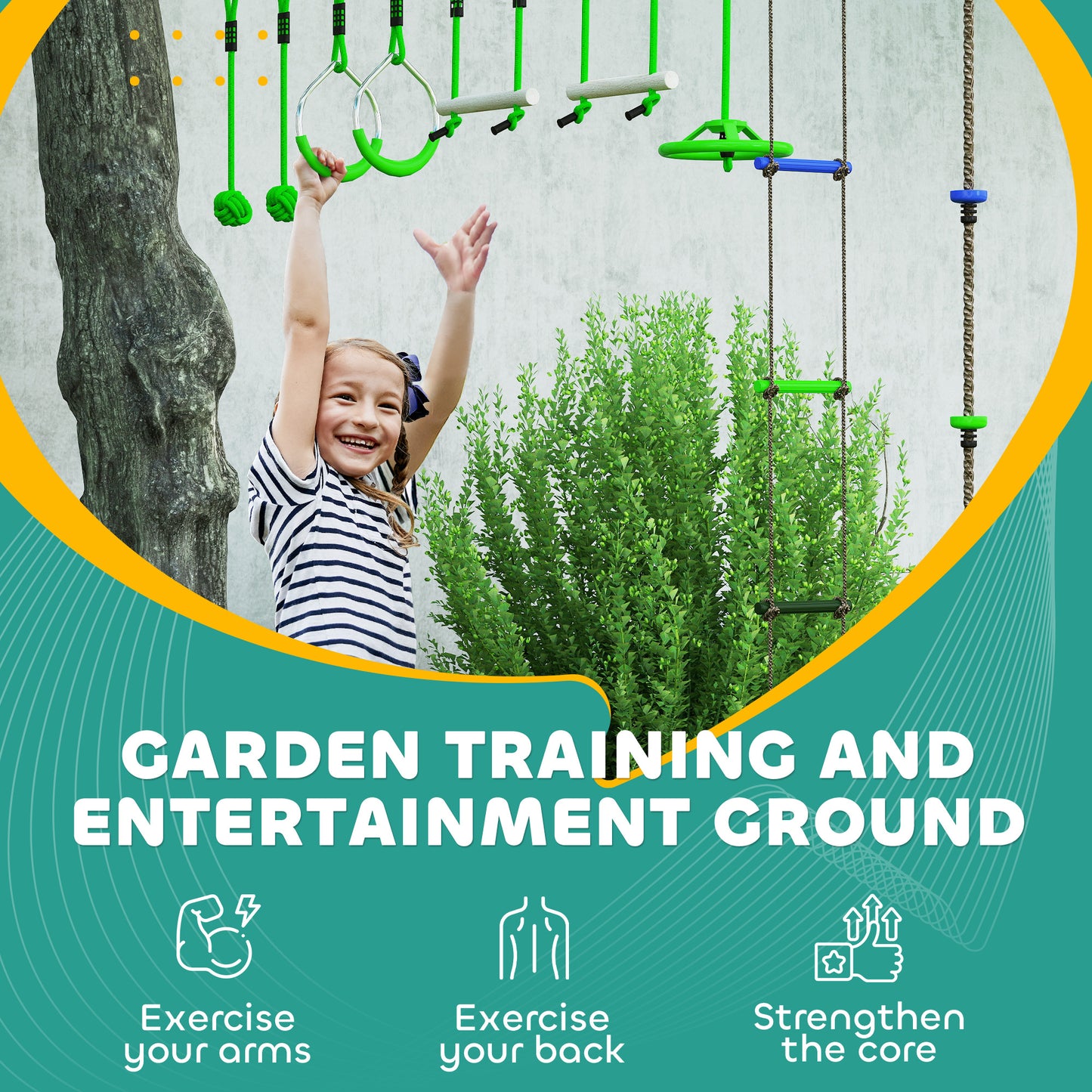 Obstacle Course for Kids with 10PCs Slackline Kit, Green