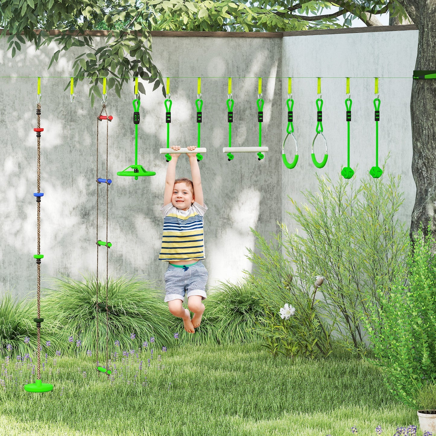 Obstacle Course for Kids with 10PCs Slackline Kit, Green