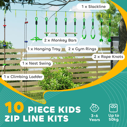 Obstacle Course for Kids with 10PCs Slackline Kit, Green