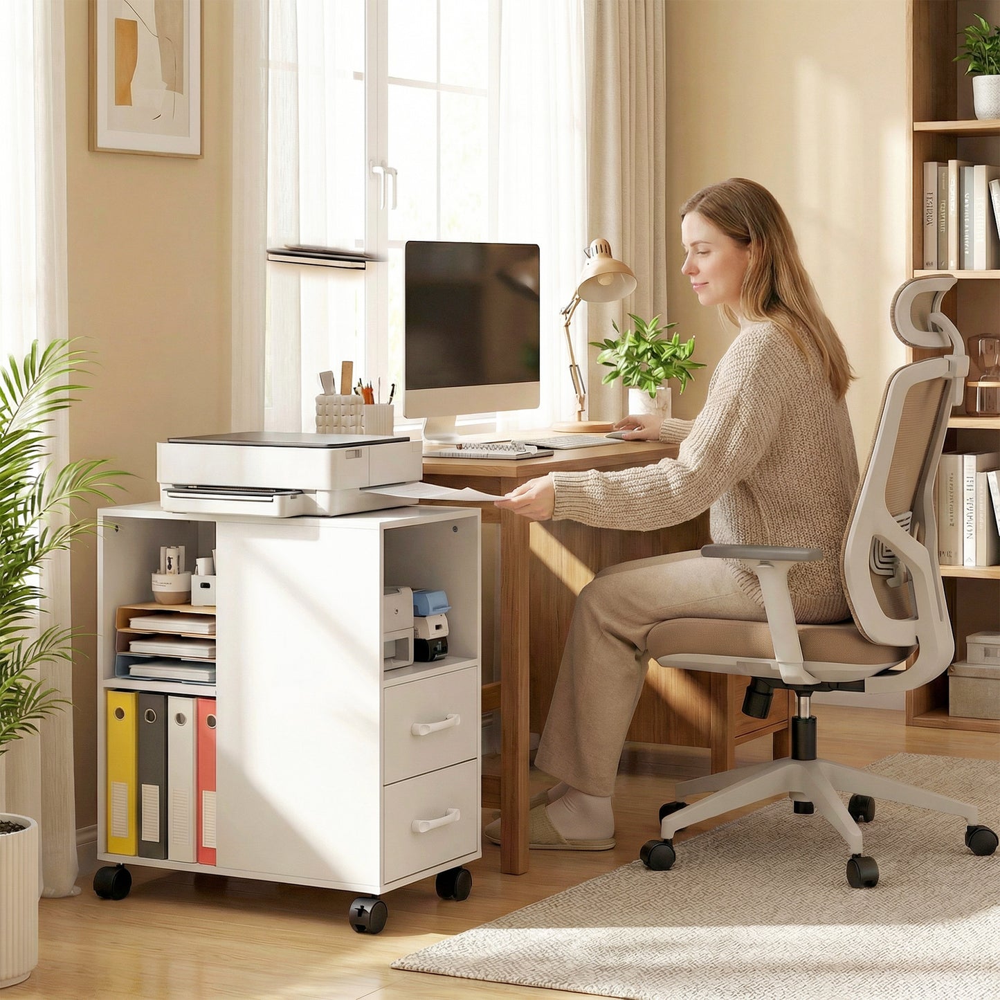 Mobile Printer Table with Drawers on Wheels for Home Office, White