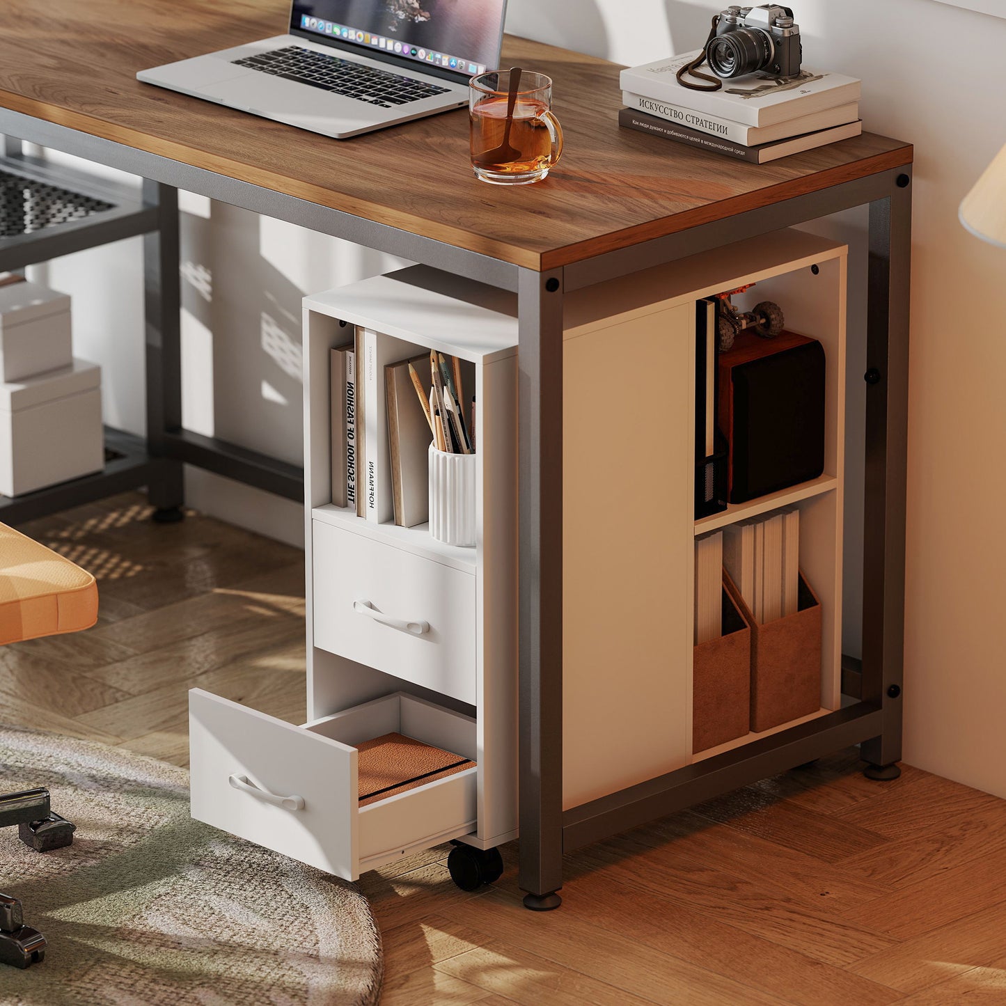 Mobile Printer Table with Drawers on Wheels for Home Office, White