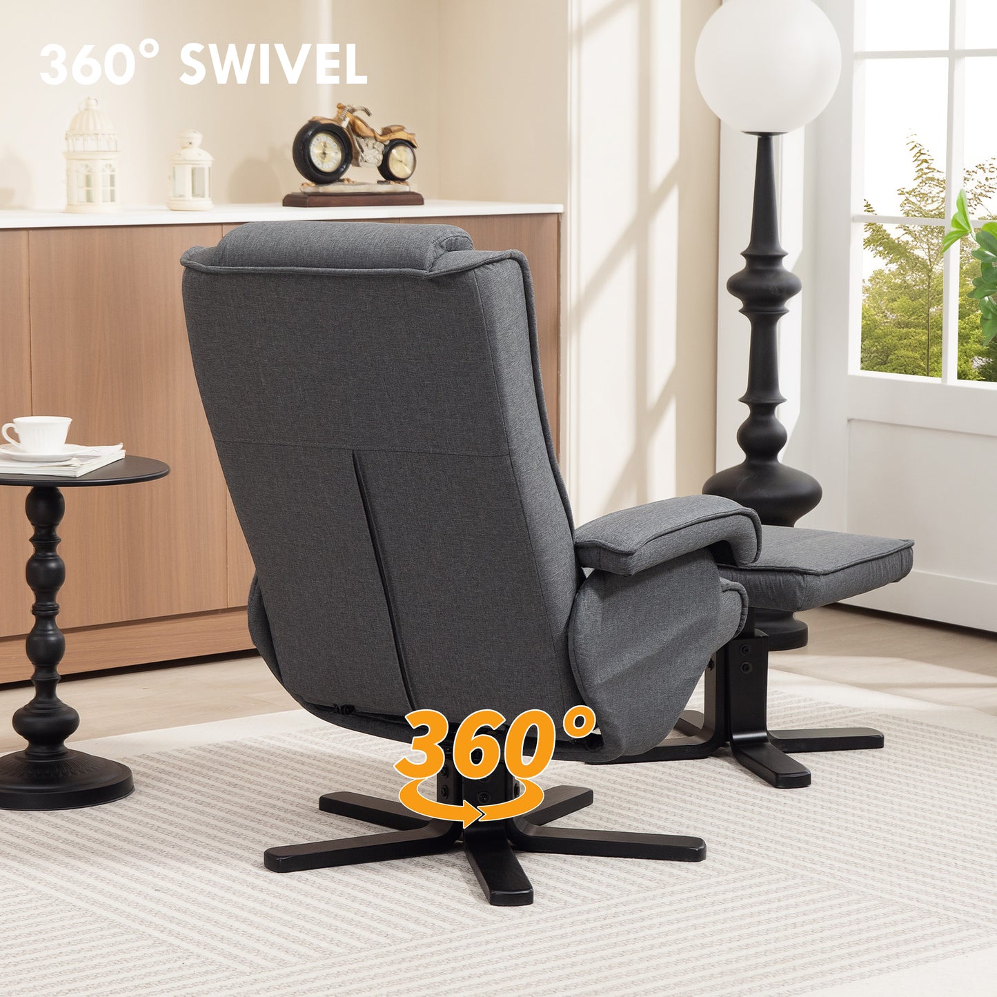 Rocker Swivel Recliner Chair with Footstool, Linen Upholstered