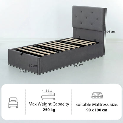 Single Bed Frame Gas Side Lift Under Bed Storage Dark Grey