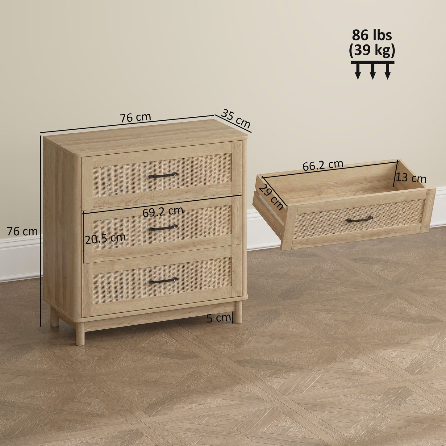 3 Drawer Chest of Drawers, Wide Storage Unit for Living Room, Oak