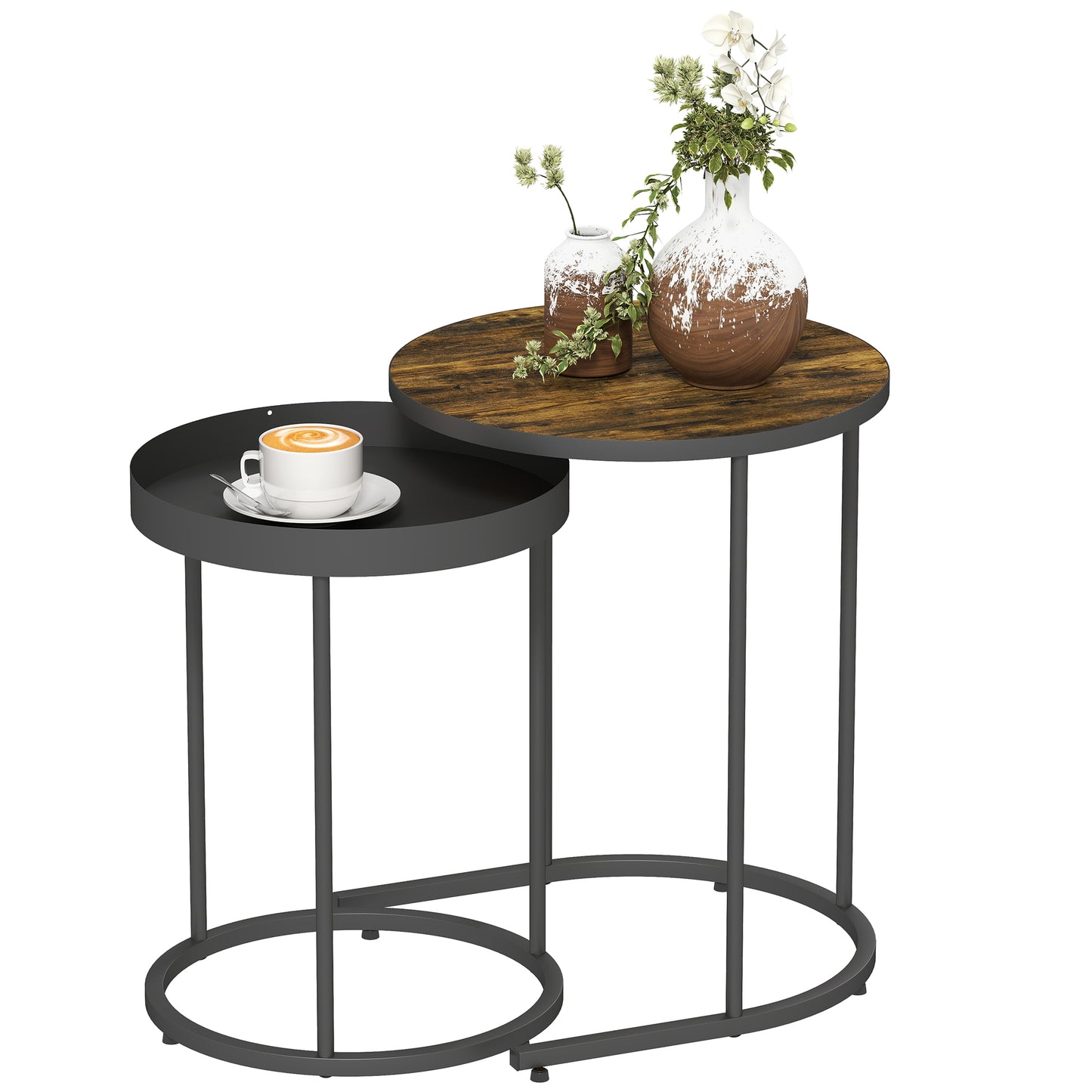 Nesting Side Table Set of 2, Industrial Round Nest of Tables, Brown