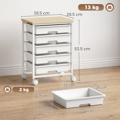 6-Tier Storage Trolley on Wheels with 5 Pull-Out Drawers, White