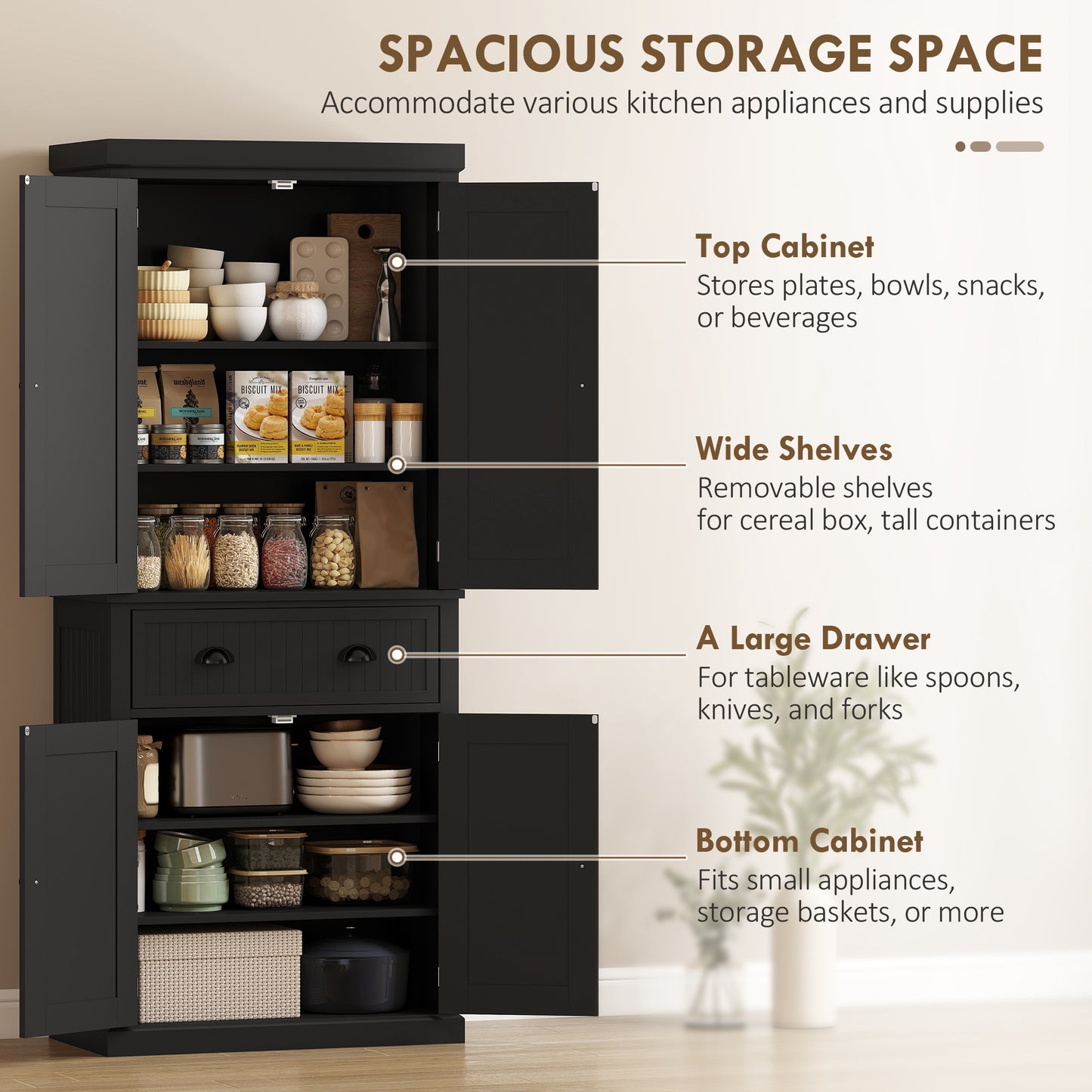 183 cm Tall Kitchen Cabinet, Freestanding Storage Cabinet with 4 Doors, Drawer and Adjustable Shelves, Kitchen Cupboard for Dining Room, Black