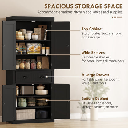 183 cm Tall Kitchen Cabinet, Freestanding Storage Cabinet with 4 Doors, Drawer and Adjustable Shelves, Kitchen Cupboard for Dining Room, Black