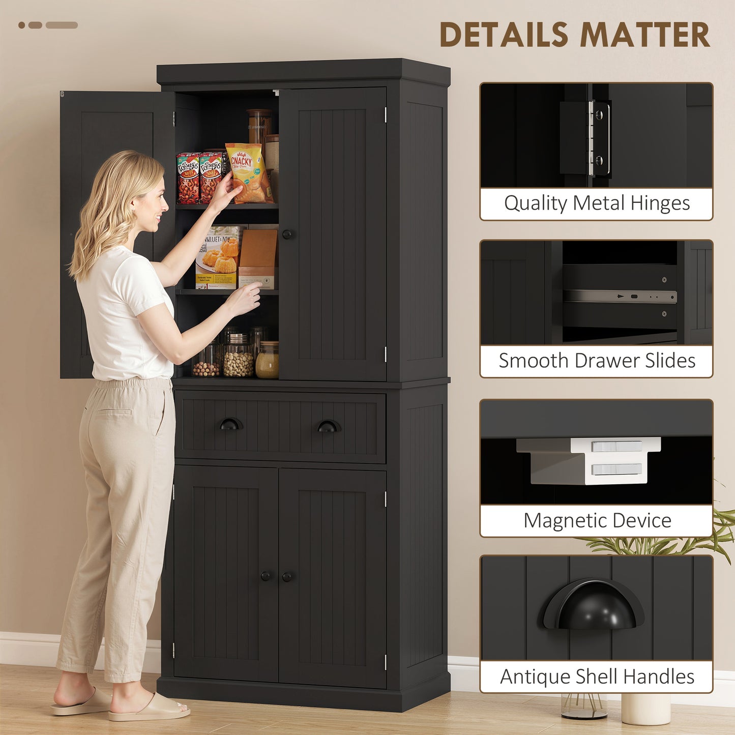183 cm Tall Kitchen Cabinet, Freestanding Storage Cabinet with 4 Doors, Drawer and Adjustable Shelves, Kitchen Cupboard for Dining Room, Black