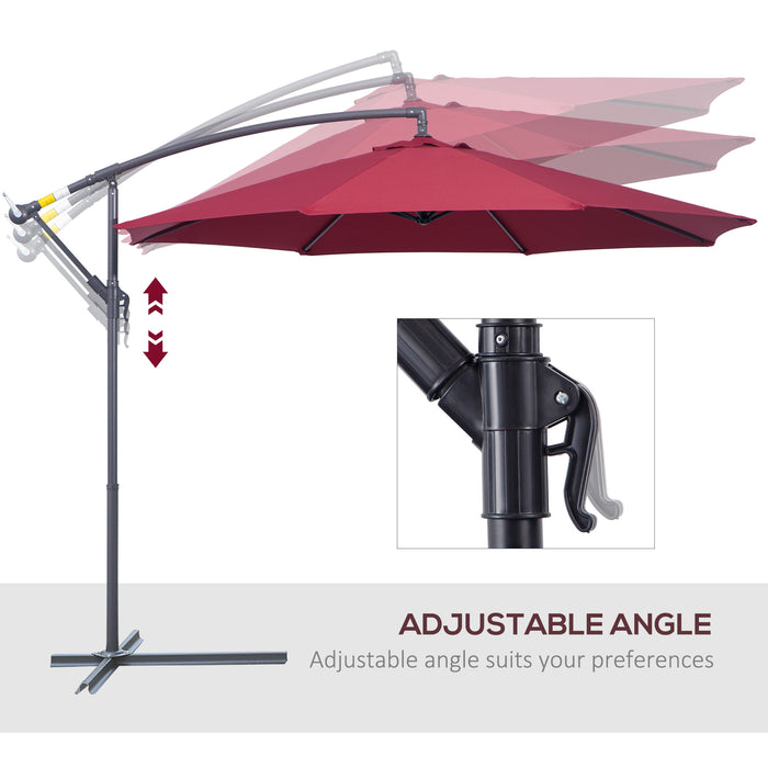 3(m) Garden Banana Parasol Hanging Cantilever Umbrella with Crank Handle and Cross Base for Outdoor, Sun Shade, Wine Red