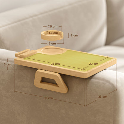 Anti-Slip Sofa Armrest Tray with Phone and Cup Holder, Natural