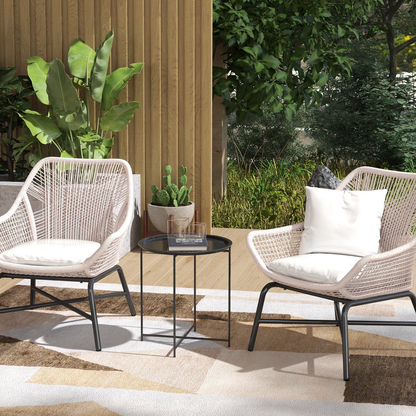 46cm Round Garden Table, Small Side Table w/ Removable Tray, Black