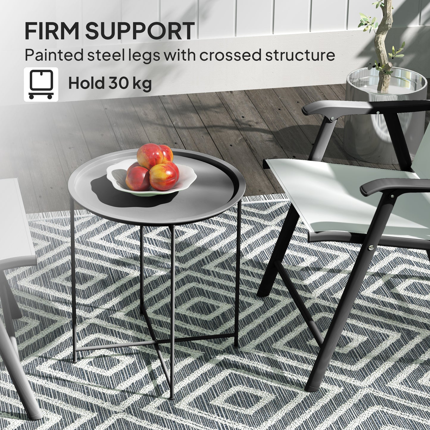 46cm Round Garden Table, Small Side Table w/ Removable Tray, Black