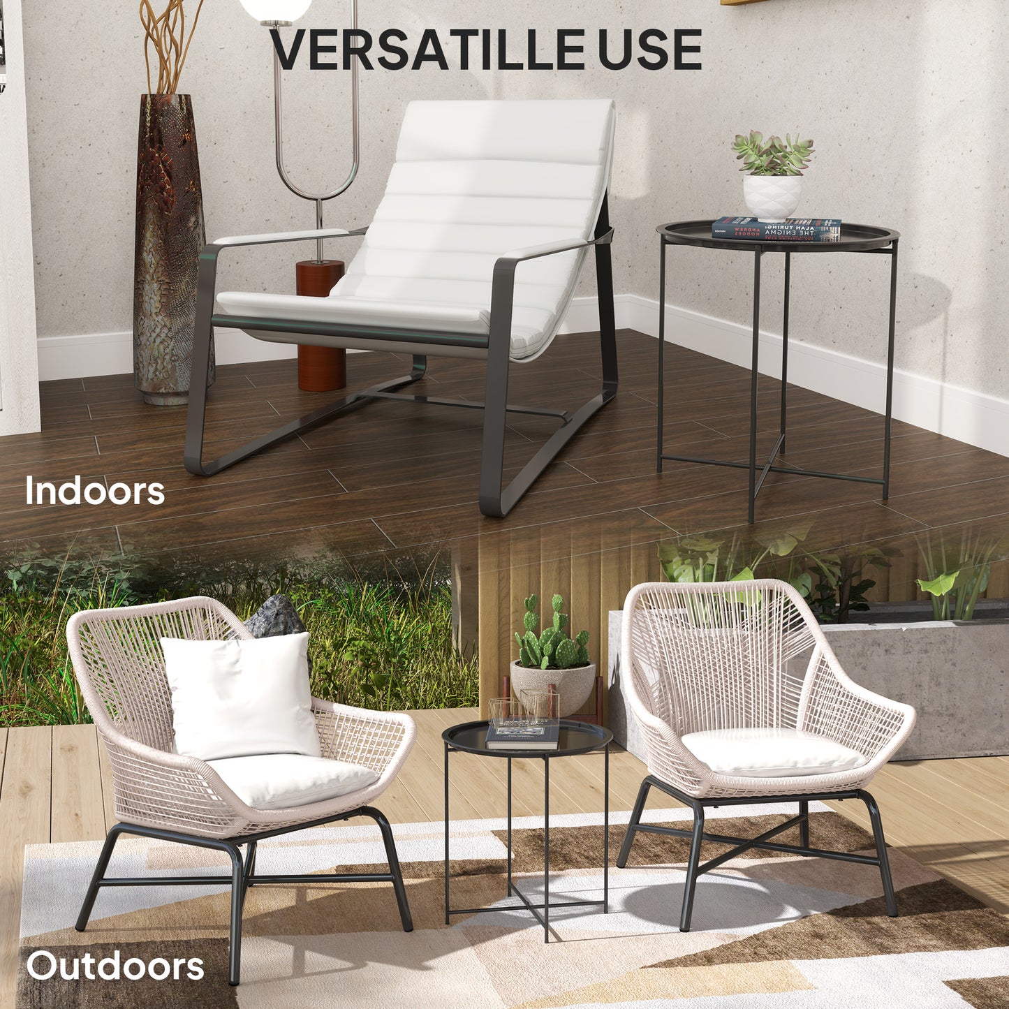 46cm Round Garden Table, Small Side Table w/ Removable Tray, Black