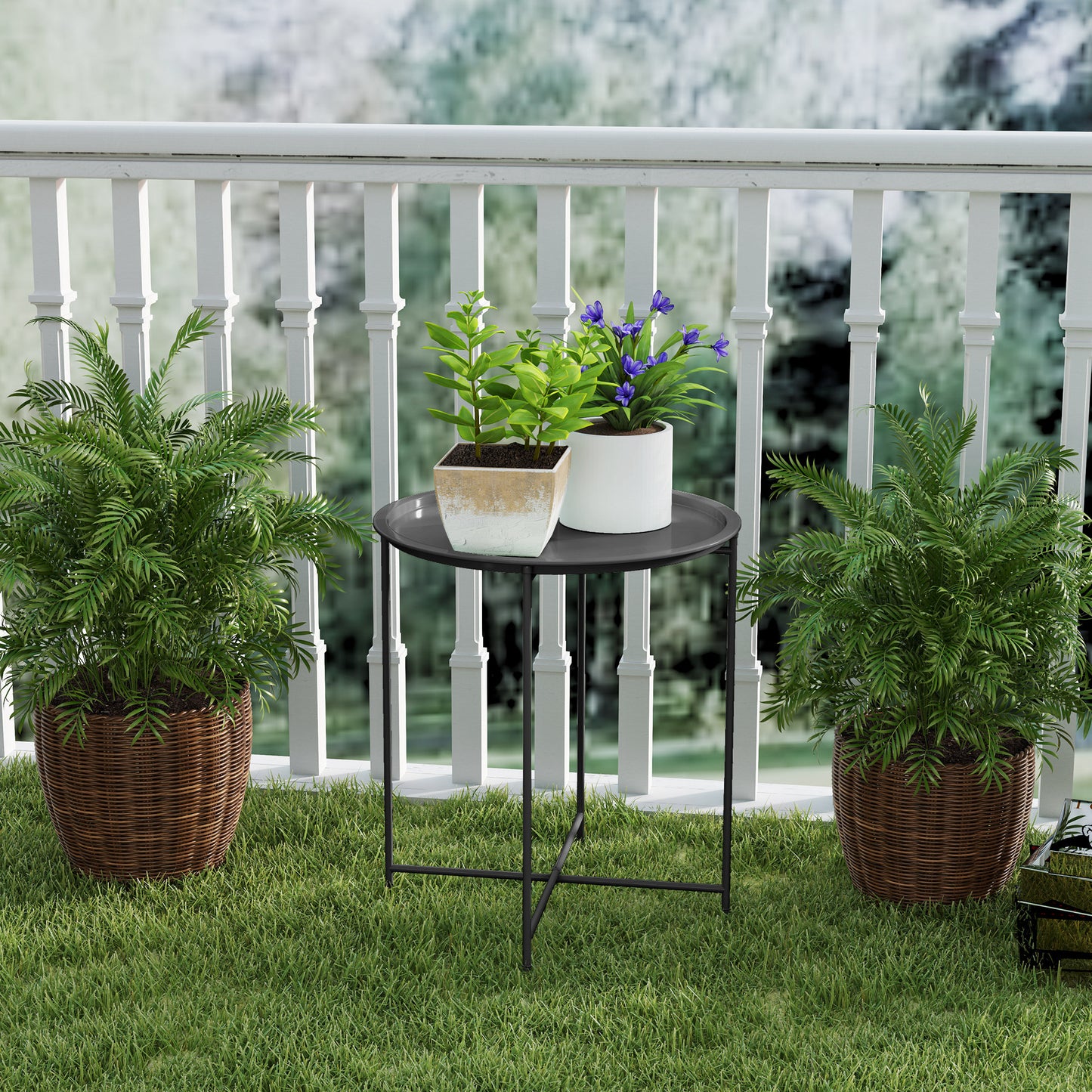 46cm Round Garden Table, Small Side Table w/ Removable Tray, Black