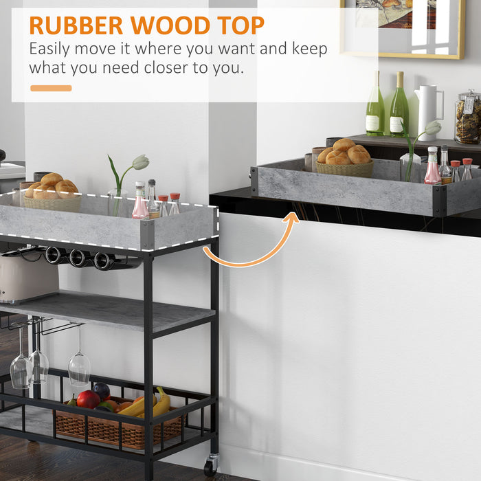 3-Tier Kitchen Cart, Kitchen Island with Storage Shelves, Removable Tray, Wine Racks, Glass Holders, Faux Marbled Grey