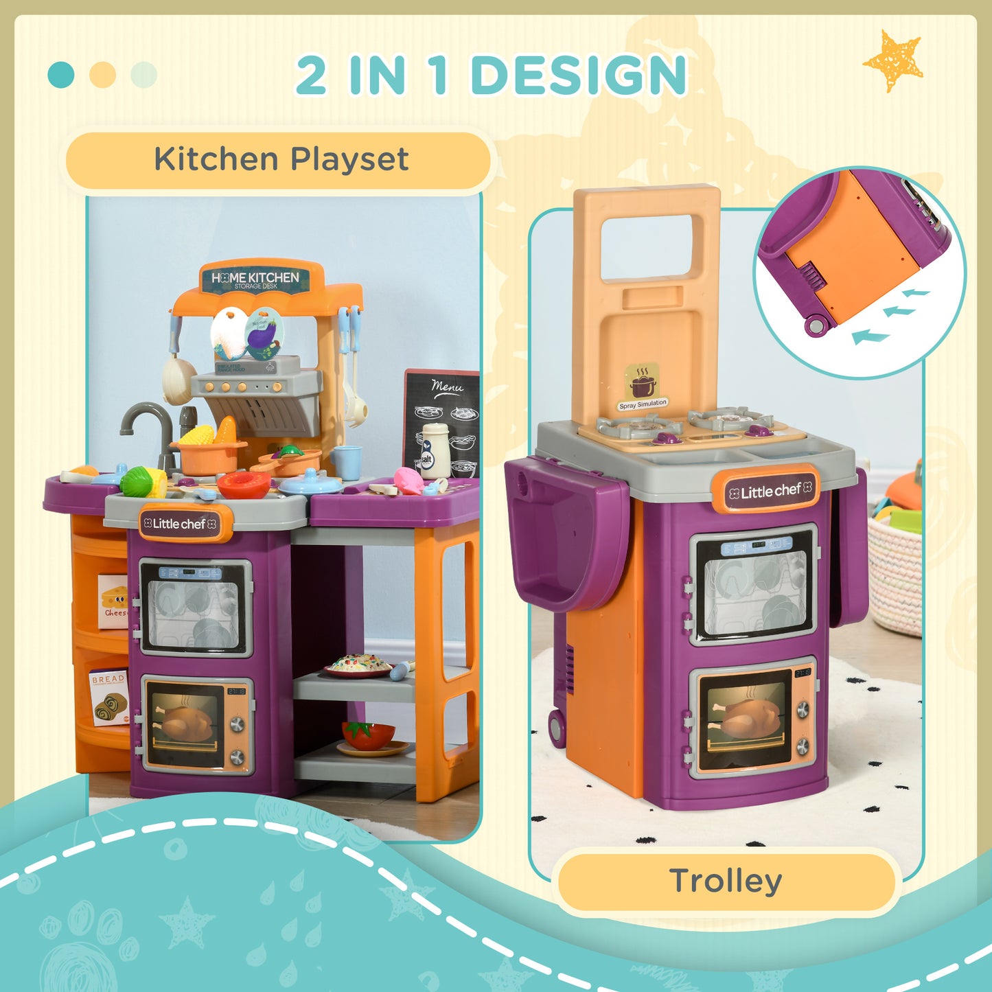 AIYAPLAY Toy Kitchen, 49 Pieces Kids Play Kitchen, Children Trolley, with Sound and Light, Spray Effects, Running Water