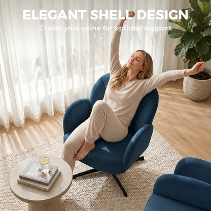 Swivel Accent Chair, Velvet-Feel Fabric Shell-Shaped Armchair with Spring Cushion, Metal Base, Modern Reading Chair for Living Room, Bedroom, Study, Makeup, Dark Blue