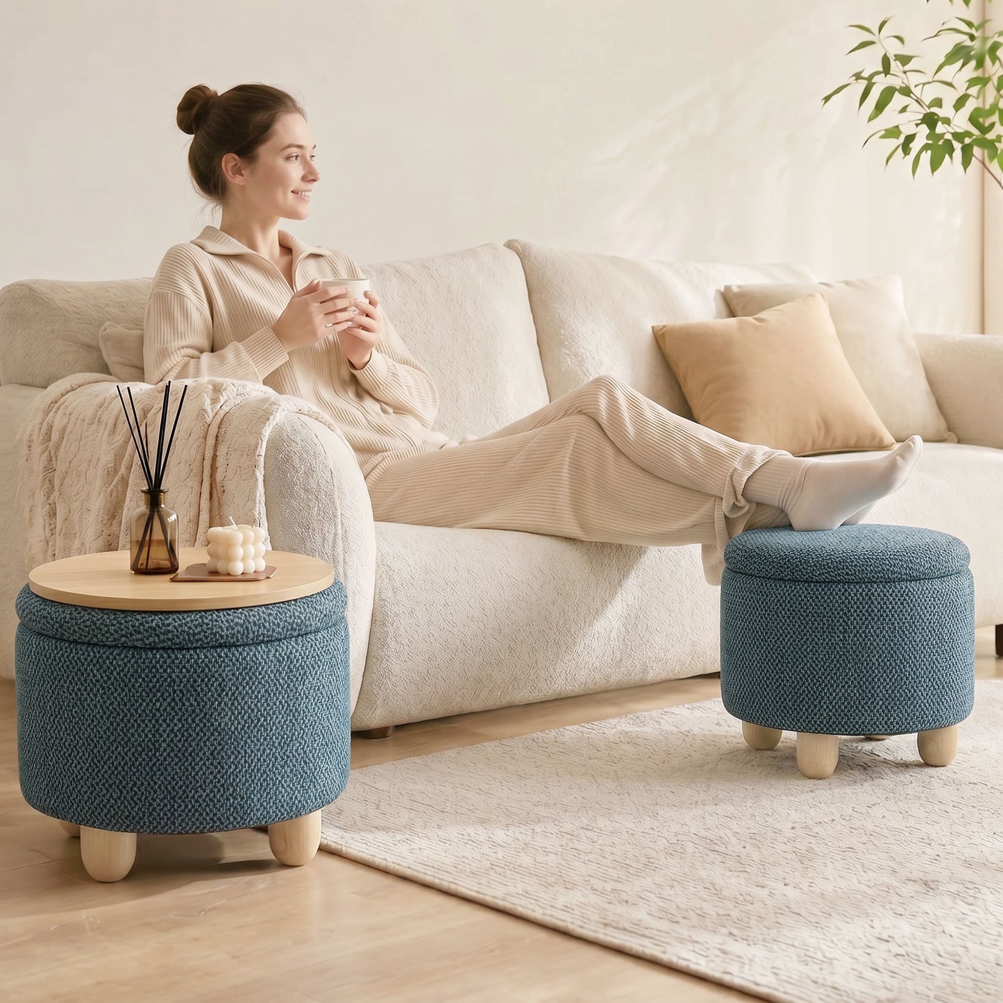 Round Storage Ottoman with Reversible Lid, Dark Blue