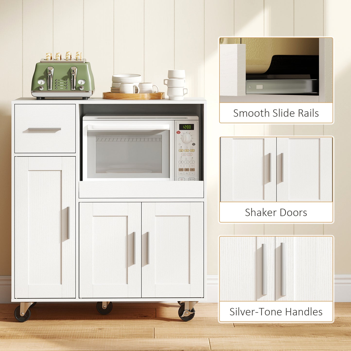 Rolling Kitchen Cart, Microwave Cabinet, Sliding Tray, Drawer, 3-Door Cupboards, Adjustable Shelf, Open Compartment, Kitchen Island, Dining Room, White
