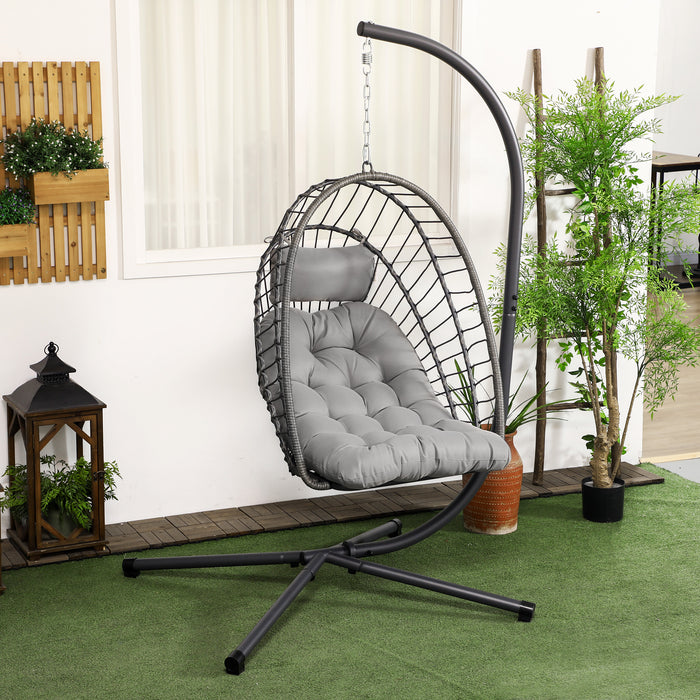 Outdoor PE Rattan Swing Chair with Thick Padded Cushion, Foldable Basket Patio Hanging Chair with Metal Stand, Headrest