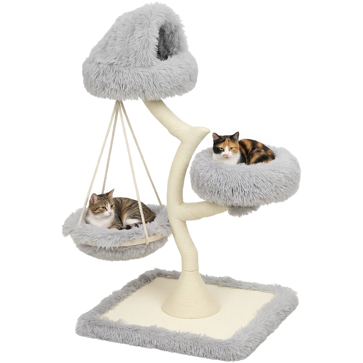 115cm Branch-Style Cat Tree with 2 Washable Beds and Hammock - Light Grey