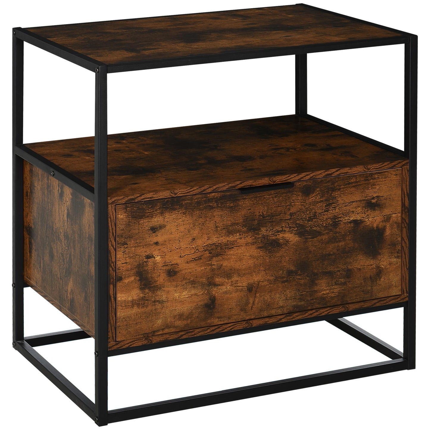 Industrial-Style Side Table w/ Drawer Open Shelf Steel Frame Base Retro