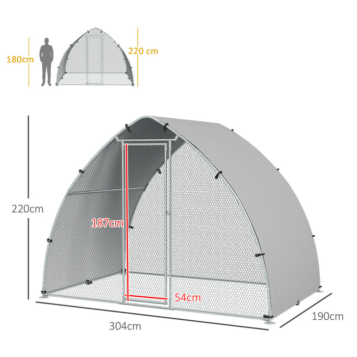 Galvanised Outdoor Chicken Coop with Cover, for 4-6 Chickens, Hens, Ducks, Rabbits, 3 x 1.9 x 2.2m - Silver Tone