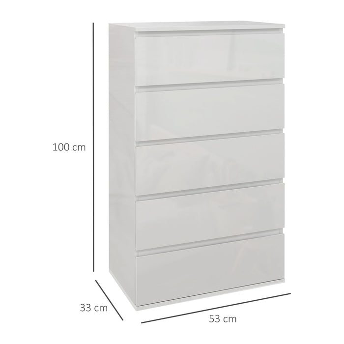 5-Drawer High Gloss Chest of Drawers, Storage Cabinets, Modern Dresser, Storage Drawer Unit for Bedroom, White