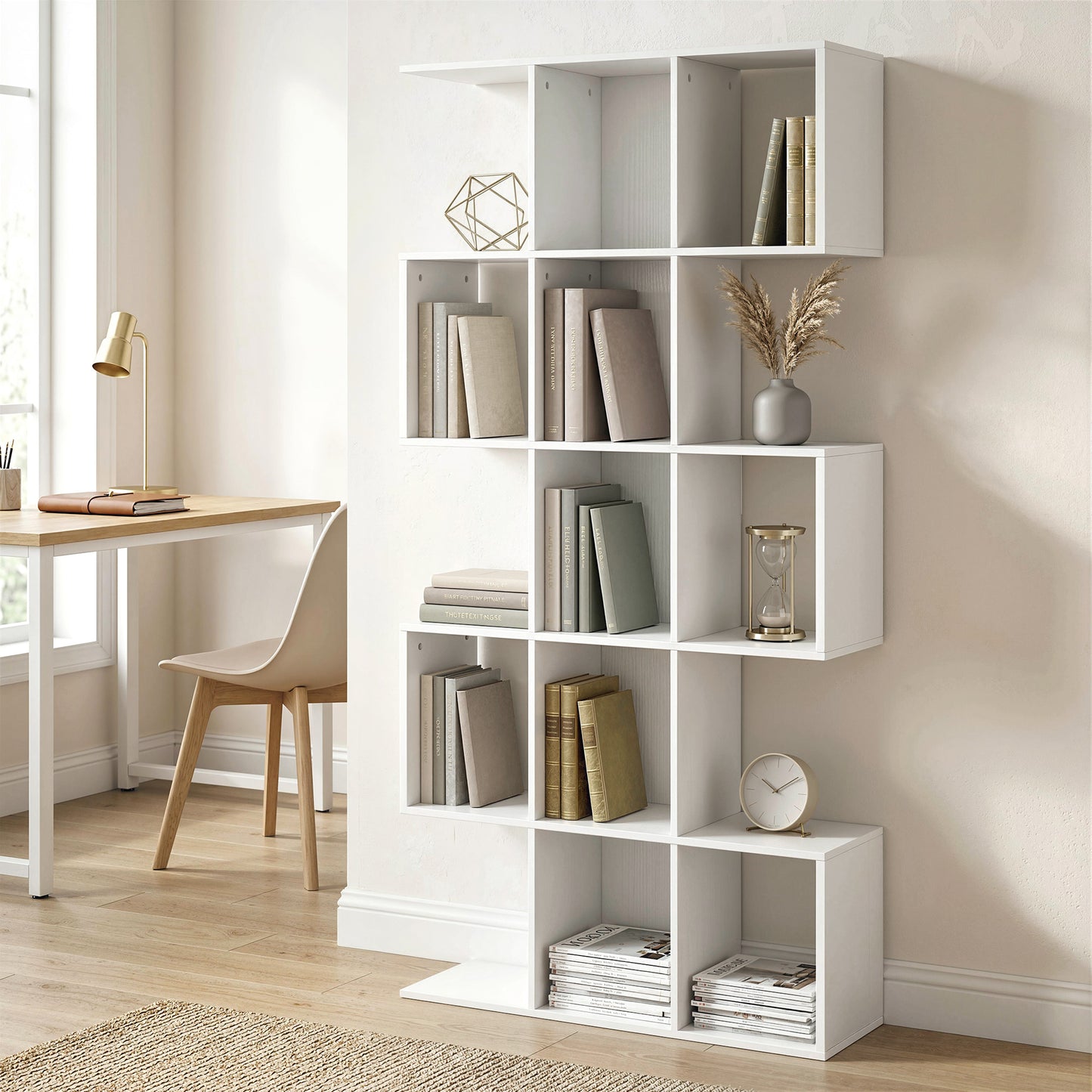 Geometric Bookshelf, 5-Tier S Shaped Bookcase, White Wood Effect