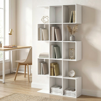 Geometric Bookshelf, 5-Tier S Shaped Bookcase, White Wood Effect