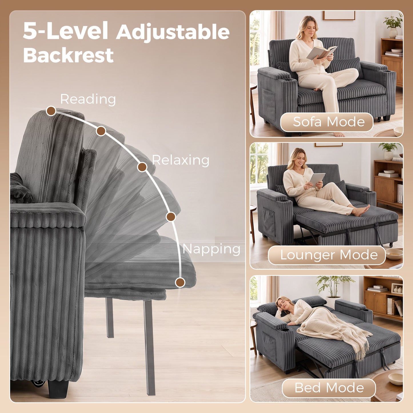 2 Seater Sofa Bed, 3-in-1 Corduroy Pull Out Sleeper Sofa, Dark Grey