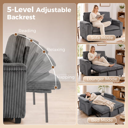 2 Seater Sofa Bed, 3-in-1 Corduroy Pull Out Sleeper Sofa, Dark Grey