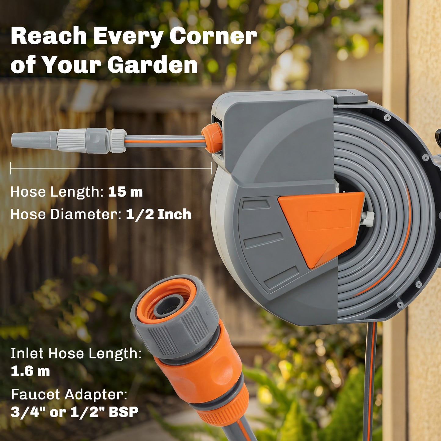Retractable Hose Reel Wall Mounted, 15+1.6m Hose Pipe Reel, Orange