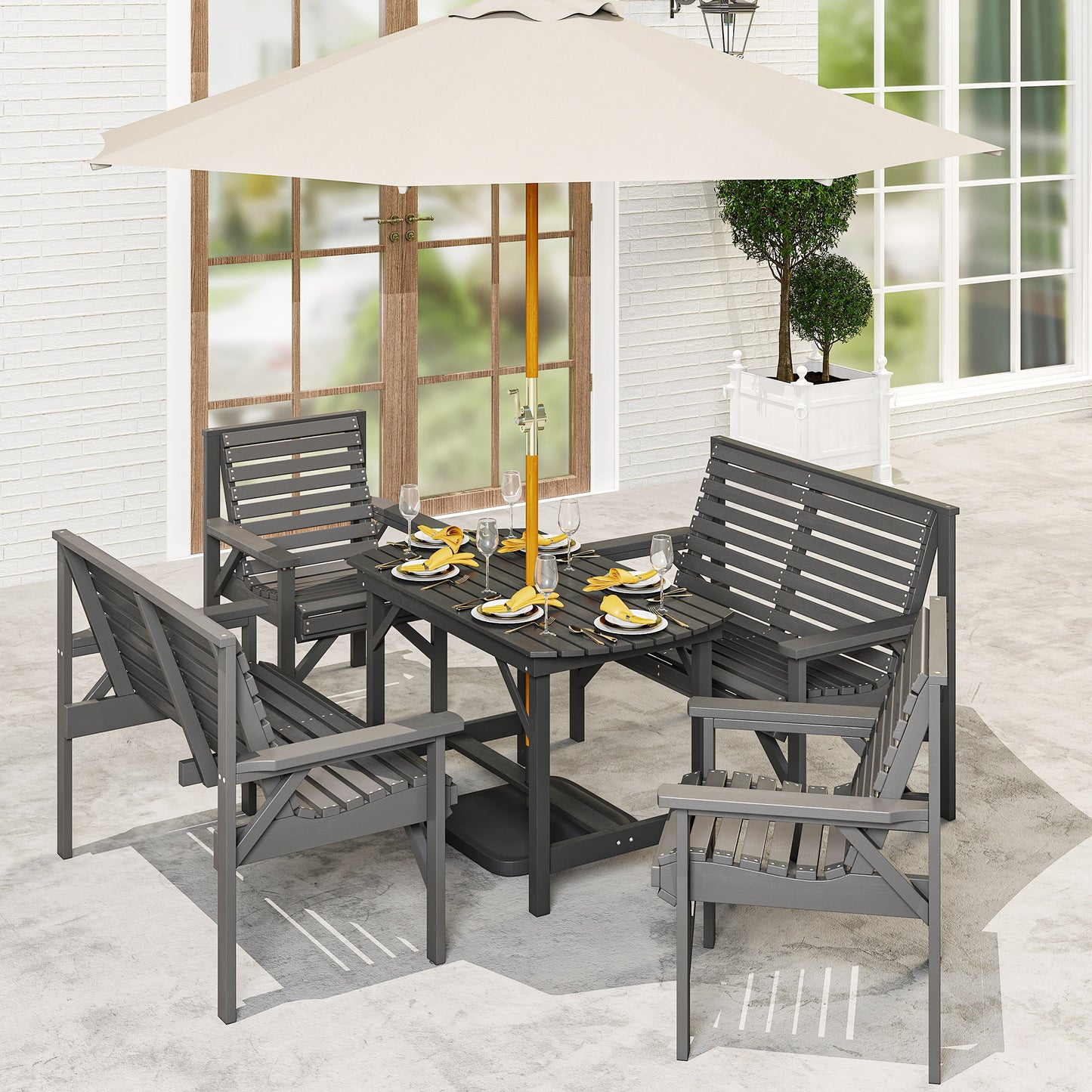 5PC Patio Dining Set Wooden Table and Chairs w/ Umbrella Hole Grey