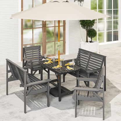 5PC Patio Dining Set Wooden Table and Chairs w/ Umbrella Hole Grey