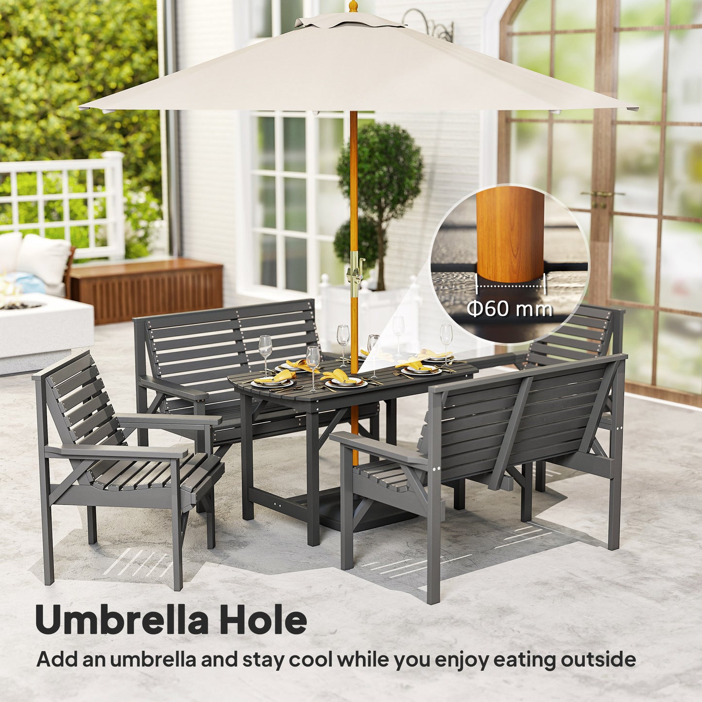 5PC Patio Dining Set Wooden Table and Chairs w/ Umbrella Hole Grey